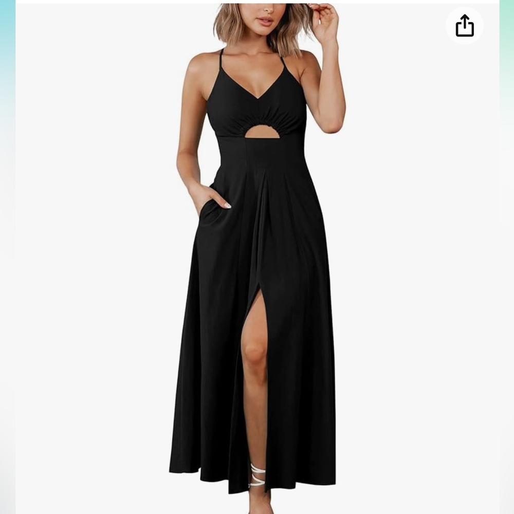 Black Spaghetti Strap Maxie Dress, V Neck cutout with Pockets, size L